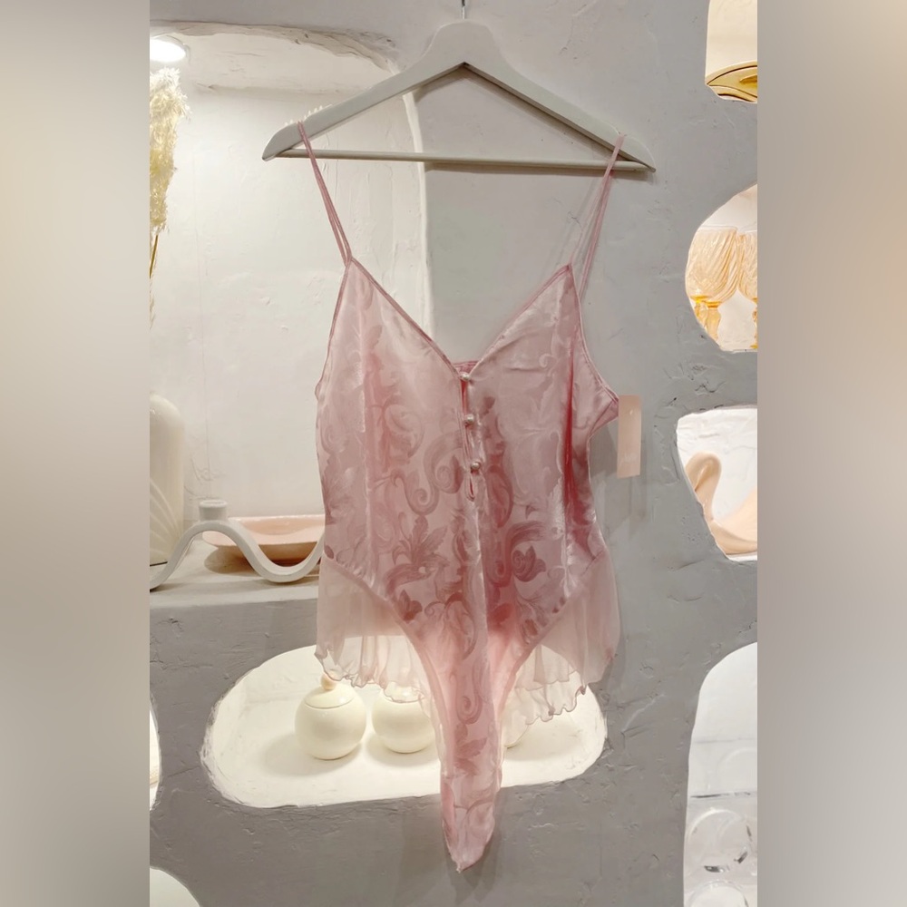 Vintage Floral Satin Button Up Lingerie Teddy Bodysuit Romper with Sheer Ruffles